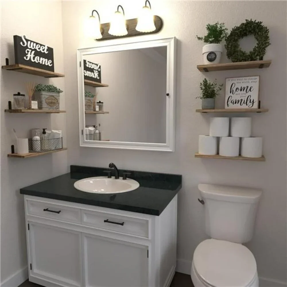 Wopitues Rustic Wood Floating Shelves Set Wall Storage Bathroom Bedroom Decor